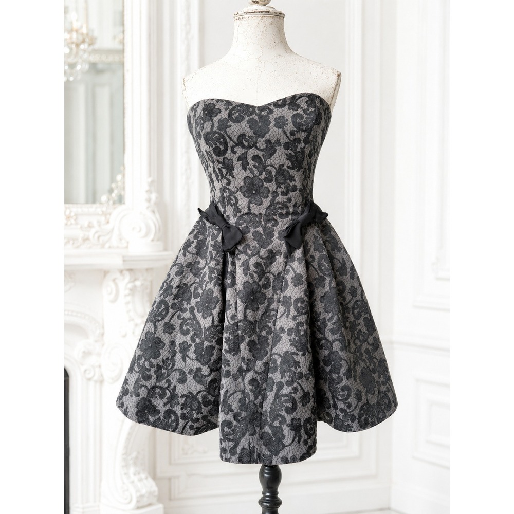 Vintage Betsey Johnson Strapless Cocktail Dress Grey Brocade Black Lace Bow Y2K